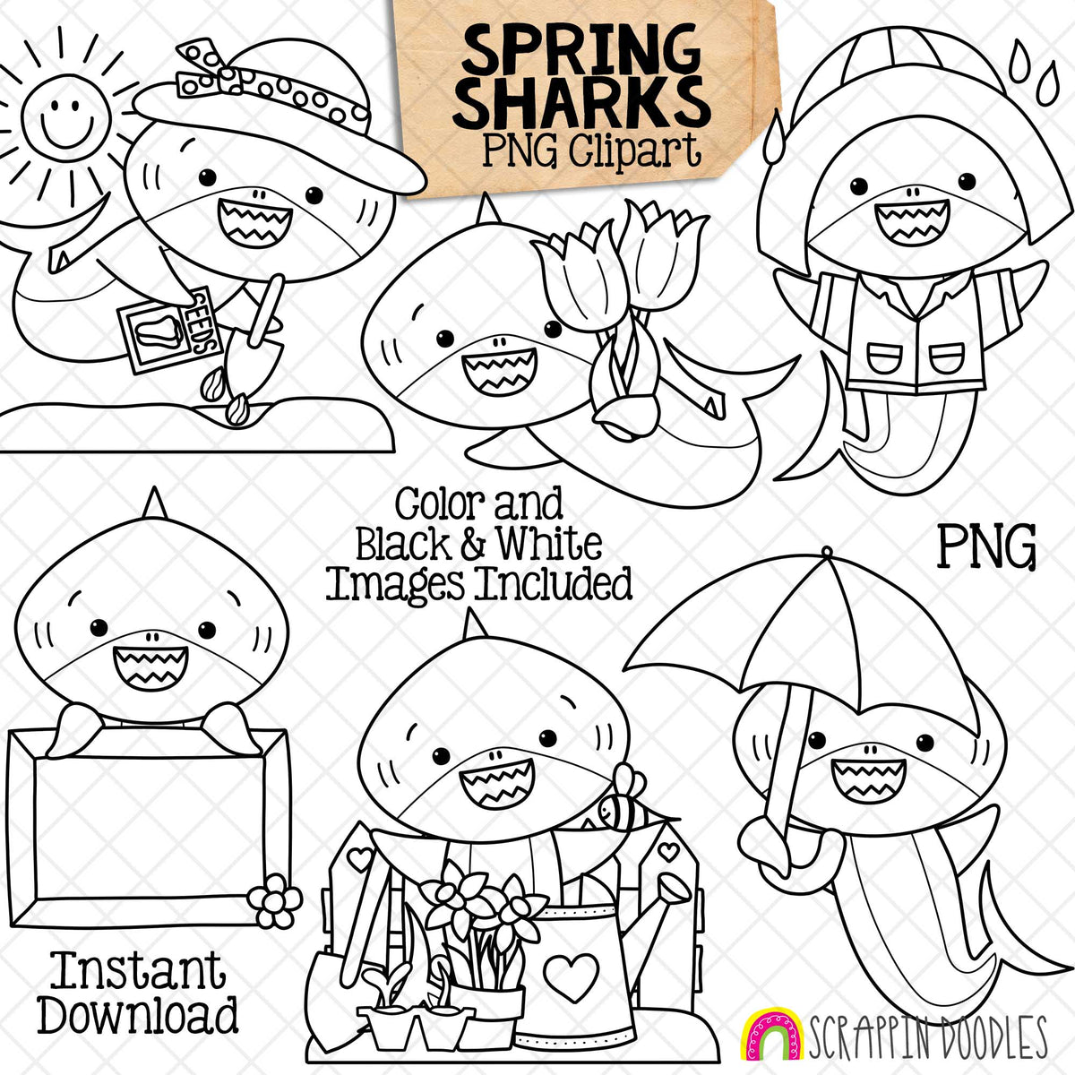 Spring Sharks Clip Art - Grey Shark Gardening Clipart - Baby Shark