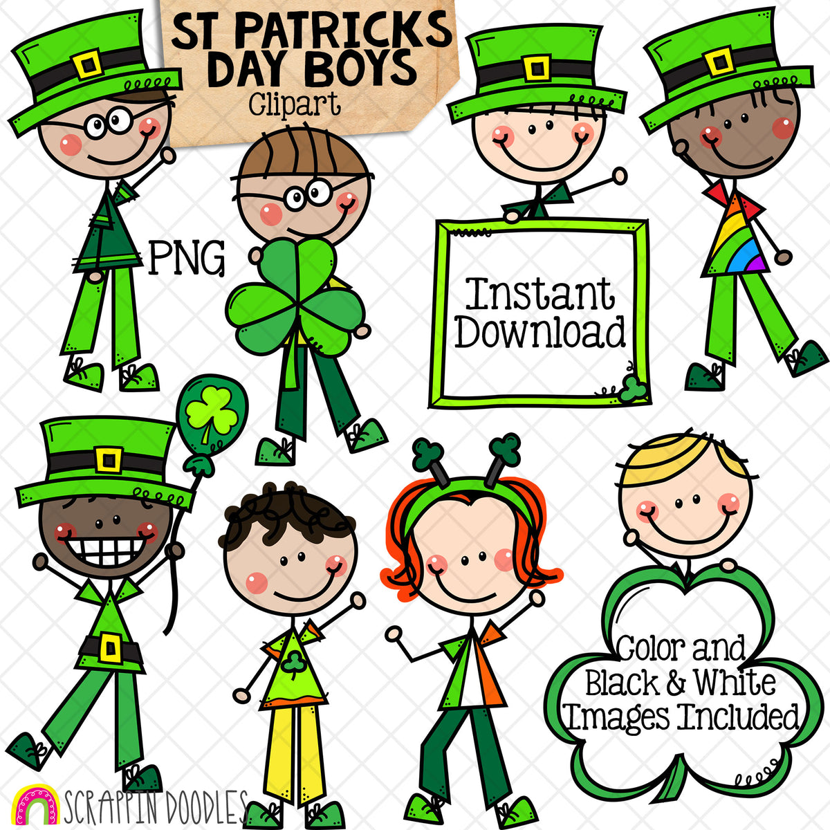 St. Patrick's Day Clip Art - Doodle Boys Clipart - Irish - Clover - Leprechaun - Stick Figure Graphics -Commercial Use PNG - Sublimation