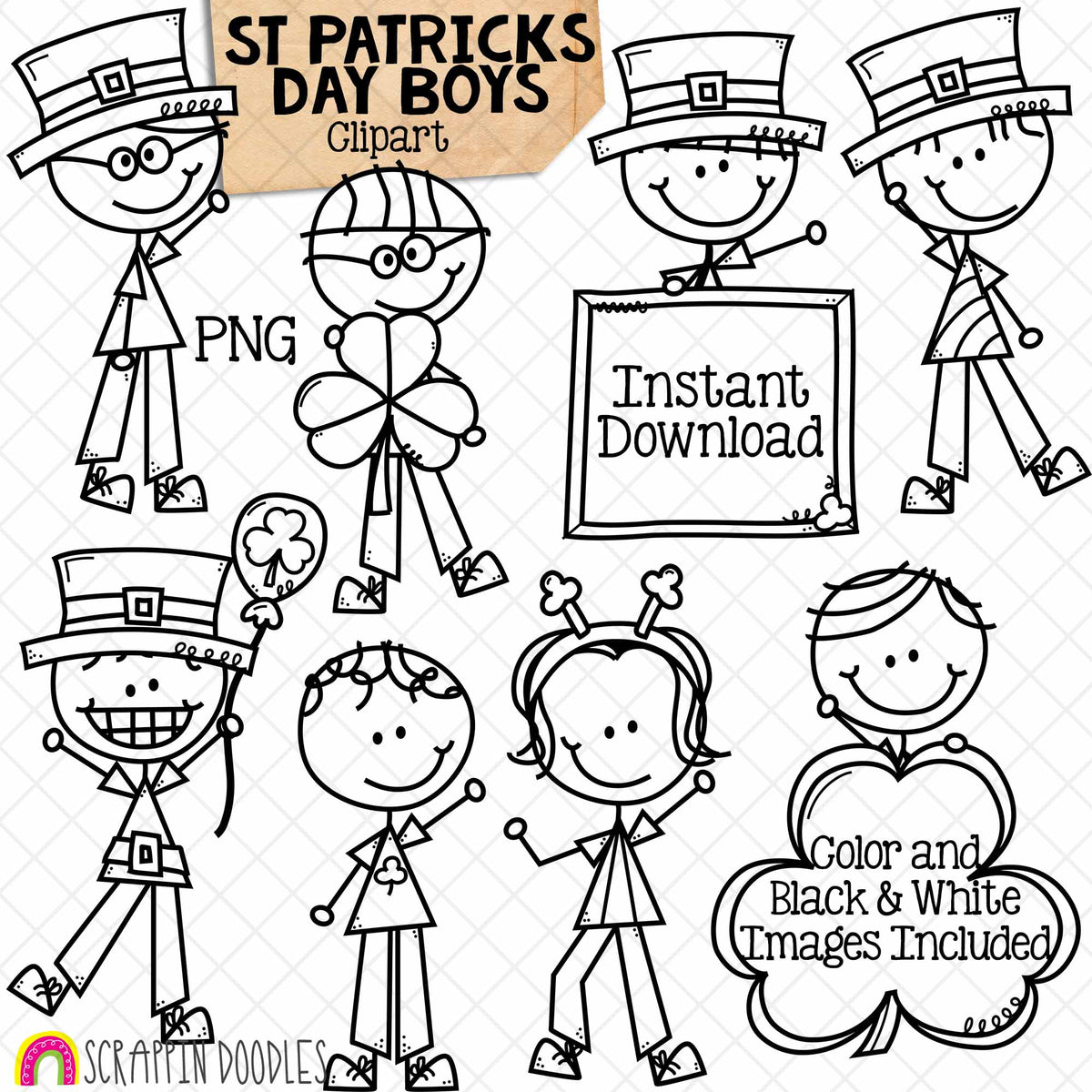 St. Patrick's Day Clip Art - Doodle Boys Clipart - Irish - Clover - Leprechaun - Stick Figure Graphics -Commercial Use PNG - Sublimation