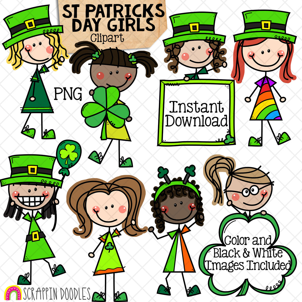 St. Patrick's Day Clip Art - Doodle Girls Clipart - Irish - Clover - Leprechaun - Stick Figure Graphics -Commercial Use PNG - Sublimation