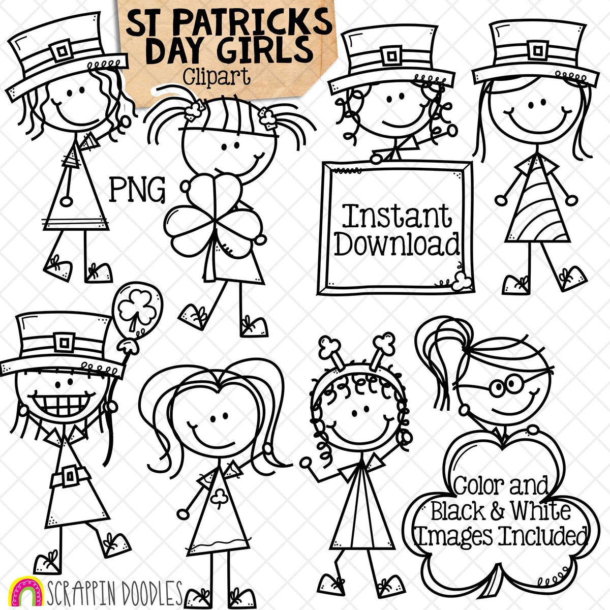 St. Patrick's Day Clip Art - Doodle Girls Clipart - Irish - Clover - Leprechaun - Stick Figure Graphics -Commercial Use PNG - Sublimation