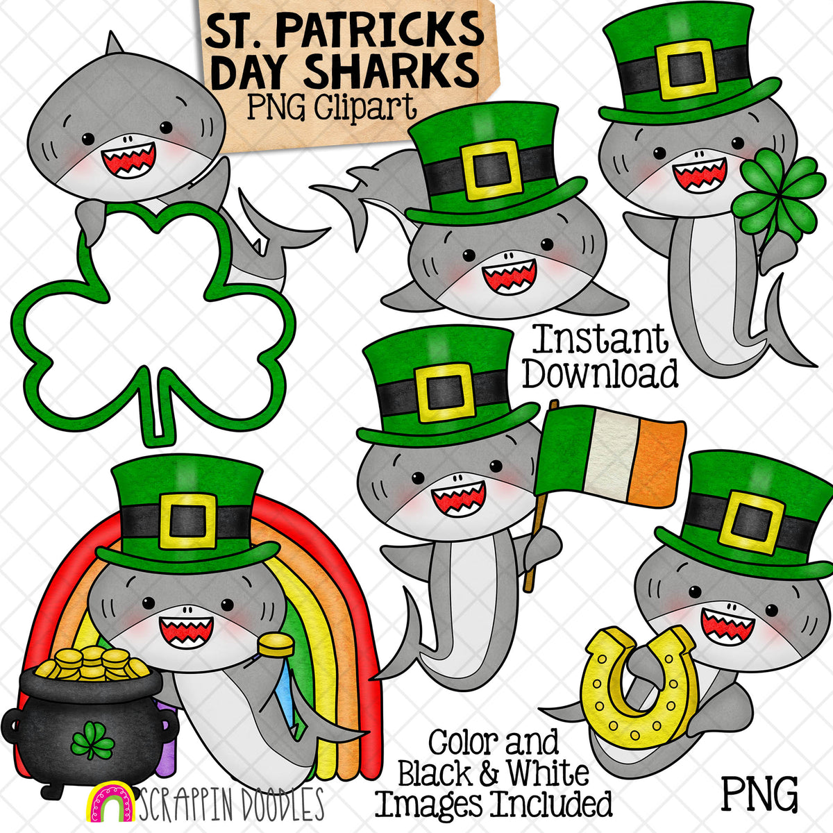 St Patricks Day Sharks Clip Art - Irish - Grey Shark Clipart - Baby Shark - Commercial Use PNG Sublimation