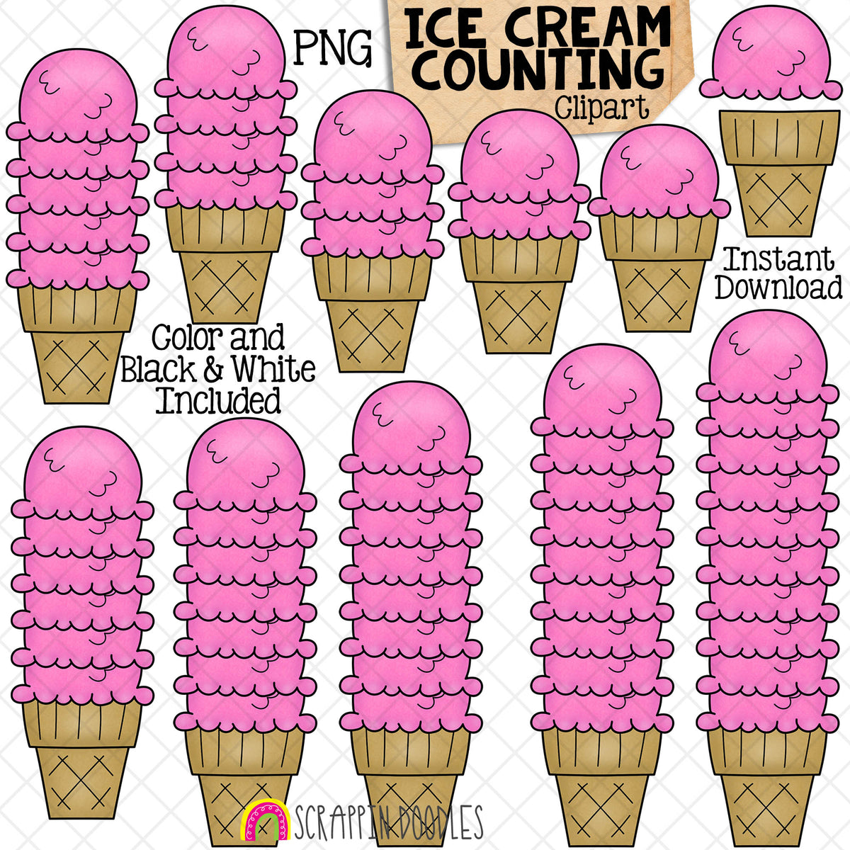 Counting Ice Cream Scoops on Cone ClipArt - Summer IceCream Counting - Seasonal Math Graphics - Commercial Use PNG