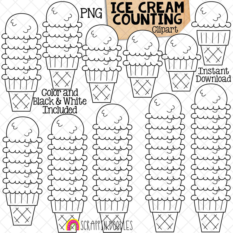 Counting Ice Cream Scoops on Cone ClipArt - Summer IceCream Counting - Seasonal Math Graphics - Commercial Use PNG