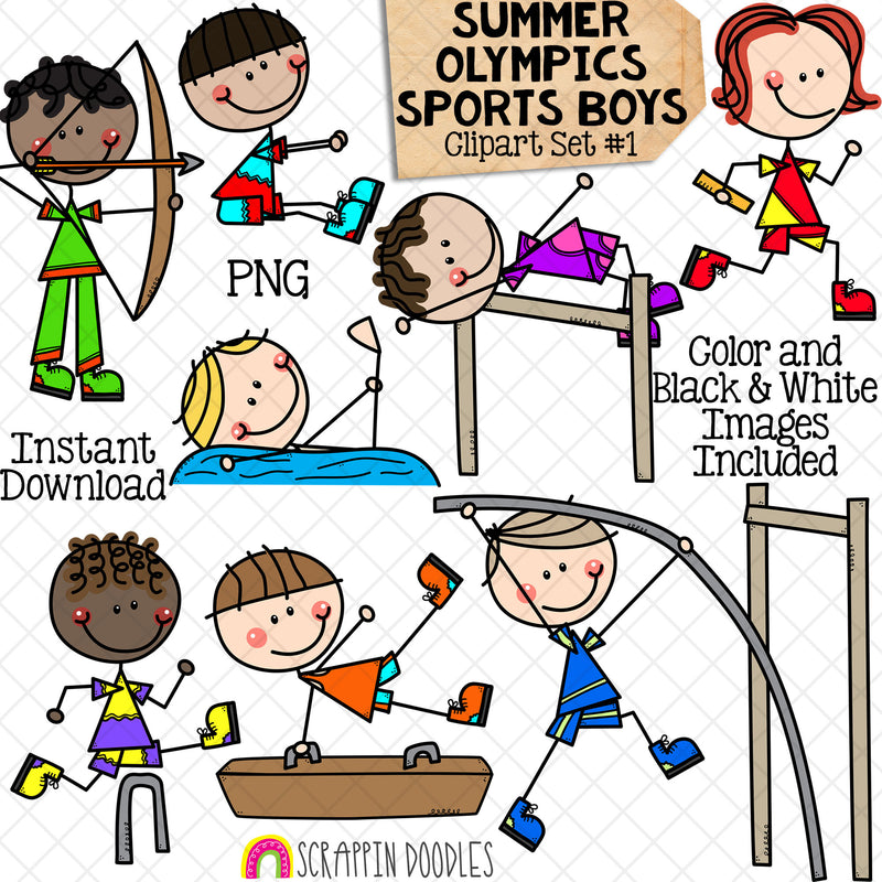 Summer Olympics Sports Boys ClipArt Set 1 - Archery - Gymnastics - Artistic Swimming - Relay Race - Hurdles - Long Jump - High Jump - Pole Vault - Doodle Boys - Commercial Use PNG