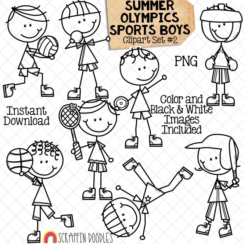 Summer Olympics Sports Boys ClipArt Set 2 - Discus - Shot Put - Badminton - Baseball - Basketball - Boxing - Breaking - Volleyball - Doodle Boys - Commercial Use PNG