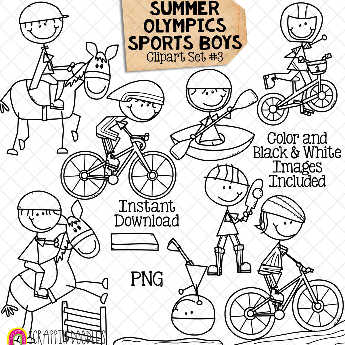 Summer Olympics Sports Boys ClipArt Set 3 - Canoeing - Cricket - Cycling - BMX - Mountain Biking - Road &amp; Track Cycling - Diving - Equestrian Jumping &amp; Dressage - Doodle Boys - Commercial Use PNG