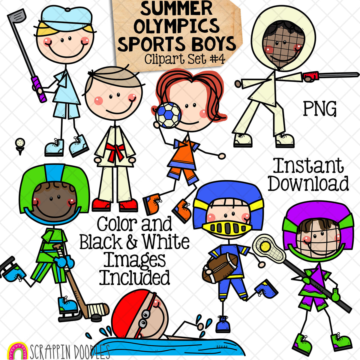 Summer Olympics Sports Boys ClipArt Set 4 - Fencing - Football - Golf - Handball - Hockey - Judo - Karate - Lacrosse - Marathon Swimming - Doodle Boys - Commercial Use PNG