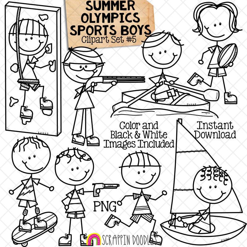 Summer Olympics Sports Boys ClipArt Set 5 - Pentathlon Shooting - Rowing - Rugby - Sailing - Shooting - Skateboarding - Sport Climbing - Running - Doodle Boys - Commercial Use PNG