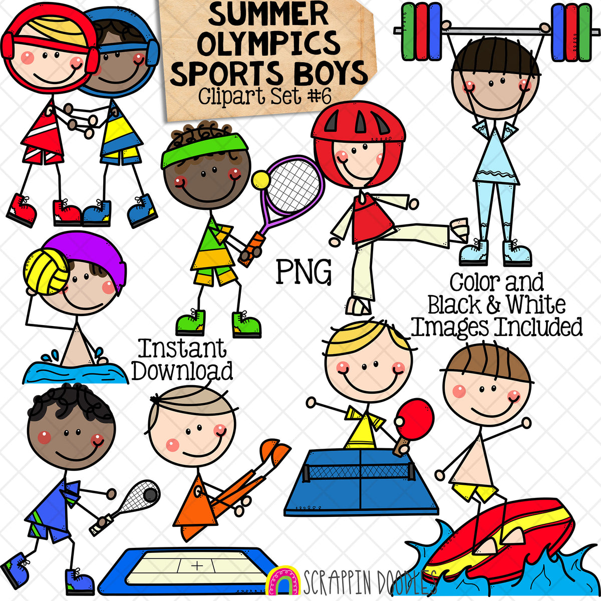 Summer Olympics Sports Boys ClipArt Set 6 - Squash - Surfing - Table Tennis - Taekwondo - Tennis - Trampoline - Water Polo - Weight Lifting - Wrestling - Doodle Boys - Commercial Use PNG