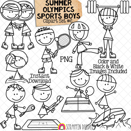 Summer Olympics Sports Boys ClipArt Set 6 - Squash - Surfing - Table Tennis - Taekwondo - Tennis - Trampoline - Water Polo - Weight Lifting - Wrestling - Doodle Boys - Commercial Use PNG