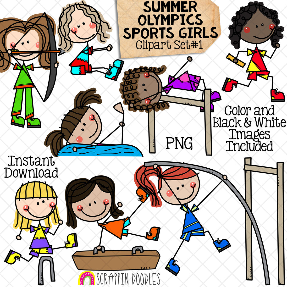 Summer Olympics Sports Girls ClipArt Set 1 - Archery - Gymnastics - Artistic Swimming - Relay Race - Hurdles - Long Jump - High Jump - Pole Vault - Doodle Girls - Commercial Use PNG