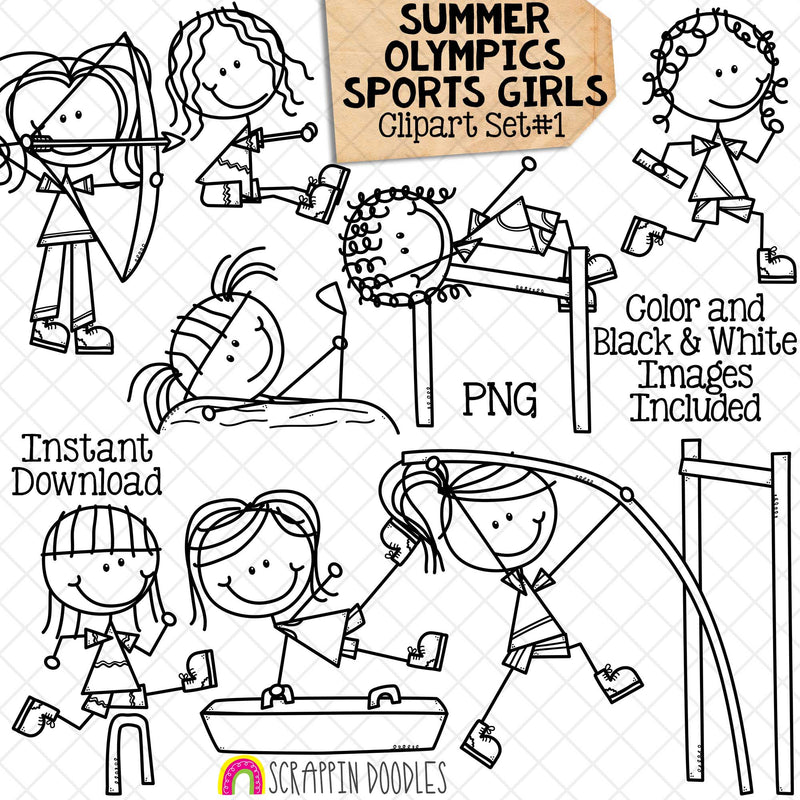 Summer Olympics Sports Girls ClipArt Set 1 - Archery - Gymnastics - Artistic Swimming - Relay Race - Hurdles - Long Jump - High Jump - Pole Vault - Doodle Girls - Commercial Use PNG