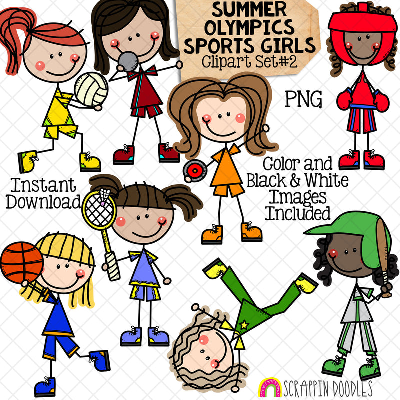 Summer Olympics Sports Boys ClipArt Set 2 - Discus - Shot Put - Badminton - Baseball - Basketball - Boxing - Breaking - Volleyball - Doodle Girls - Commercial Use PNG