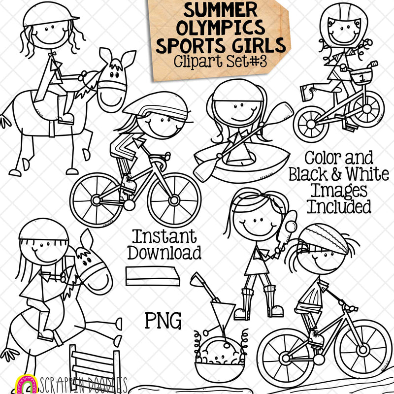 Summer Olympics Sports Girls ClipArt Set 3 - Canoeing - Cricket - Cycling - BMX - Mountain Biking - Road &amp; Track Cycling - Diving - Equestrian Jumping &amp; Dressage - Doodle Girls - Commercial Use PNG