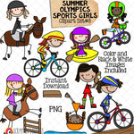 Summer Olympics Sports Girls ClipArt Set 3 - Canoeing - Cricket - Cycling - BMX - Mountain Biking - Road &amp; Track Cycling - Diving - Equestrian Jumping &amp; Dressage - Doodle Girls - Commercial Use PNG