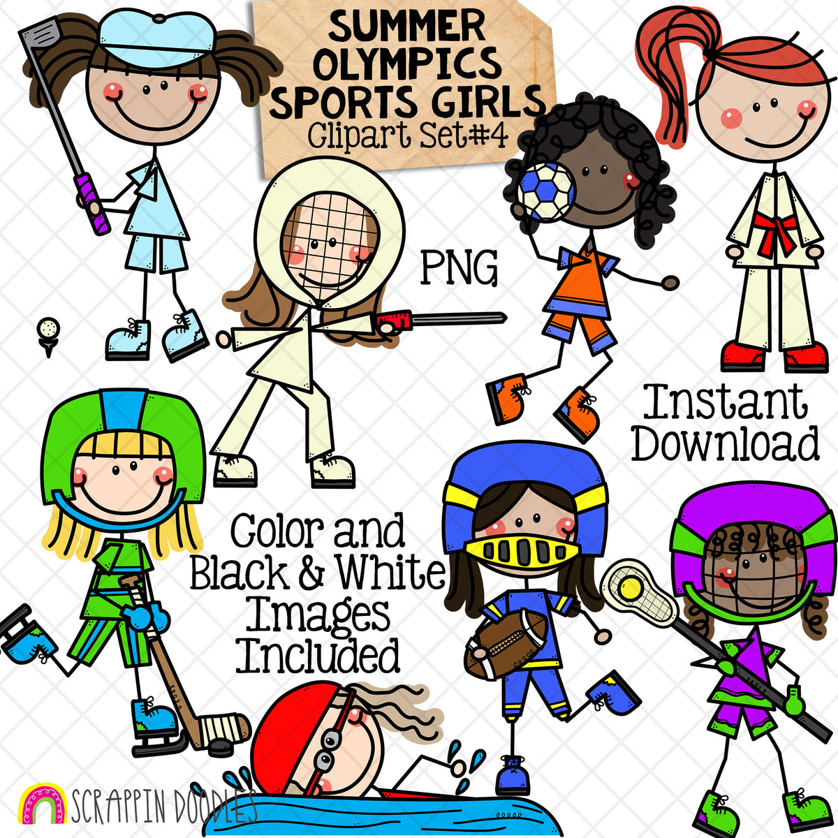 Summer Olympics Sports Girls ClipArt Set 4 - Fencing - Football - Golf - Handball - Hockey - Judo - Karate - Lacrosse - Marathon Swimming - Doodle Girls - Commercial Use PNG