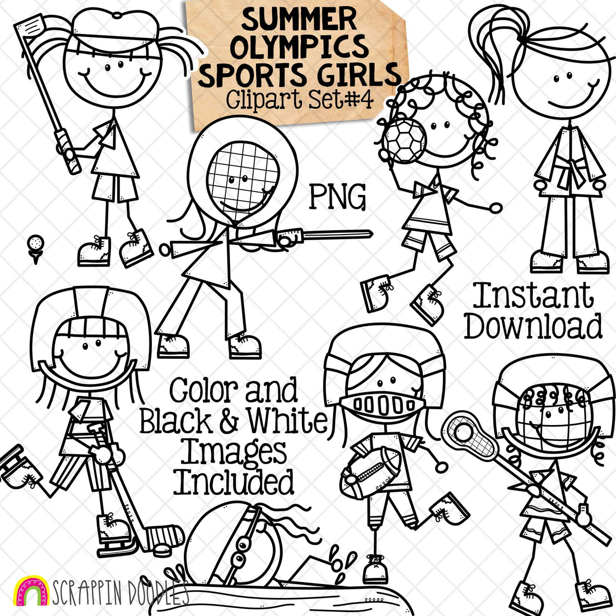 Summer Olympics Sports Girls ClipArt Set 4 - Fencing - Football - Golf - Handball - Hockey - Judo - Karate - Lacrosse - Marathon Swimming - Doodle Girls - Commercial Use PNG