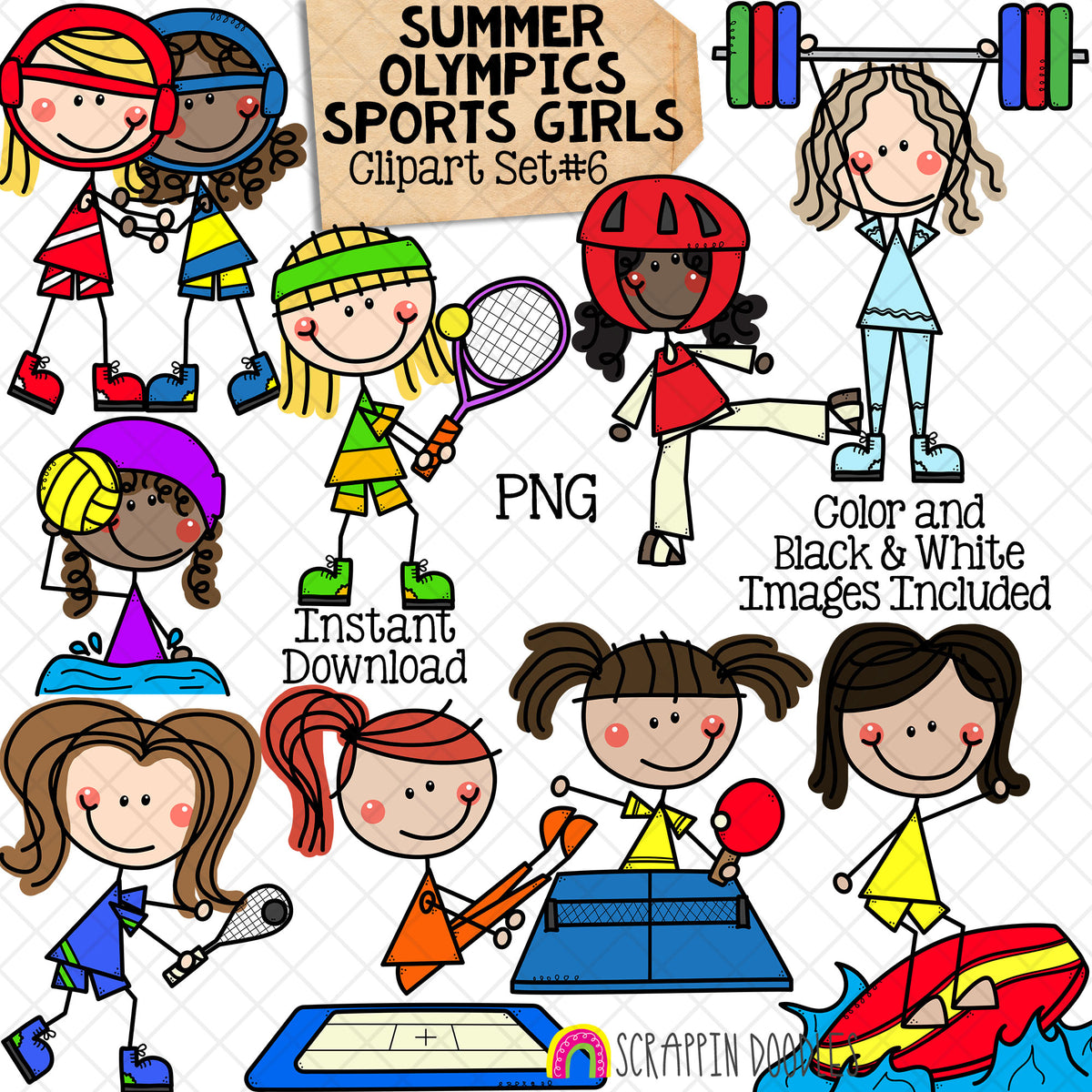 Summer Olympics Sports Girls ClipArt Set 6 - Squash - Surfing - Table Tennis - Taekwondo - Tennis - Trampoline - Water Polo - Weight Lifting - Wrestling - Doodle Girls - Commercial Use PNG