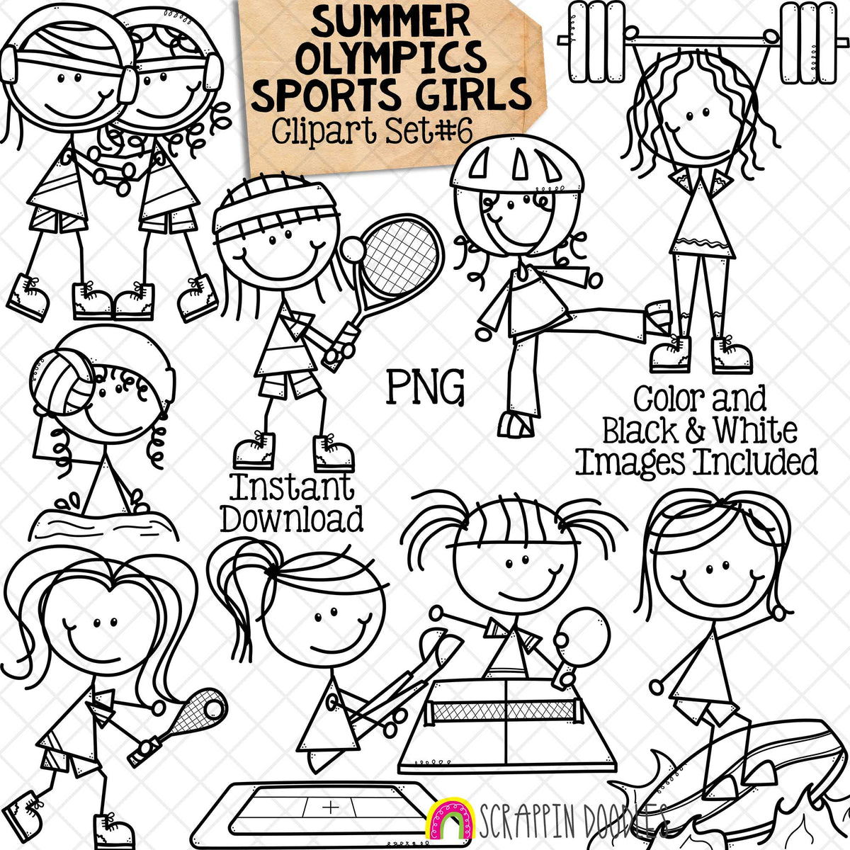 Summer Olympics Sports Girls ClipArt Set 6 - Squash - Surfing - Table Tennis - Taekwondo - Tennis - Trampoline - Water Polo - Weight Lifting - Wrestling - Doodle Girls - Commercial Use PNG