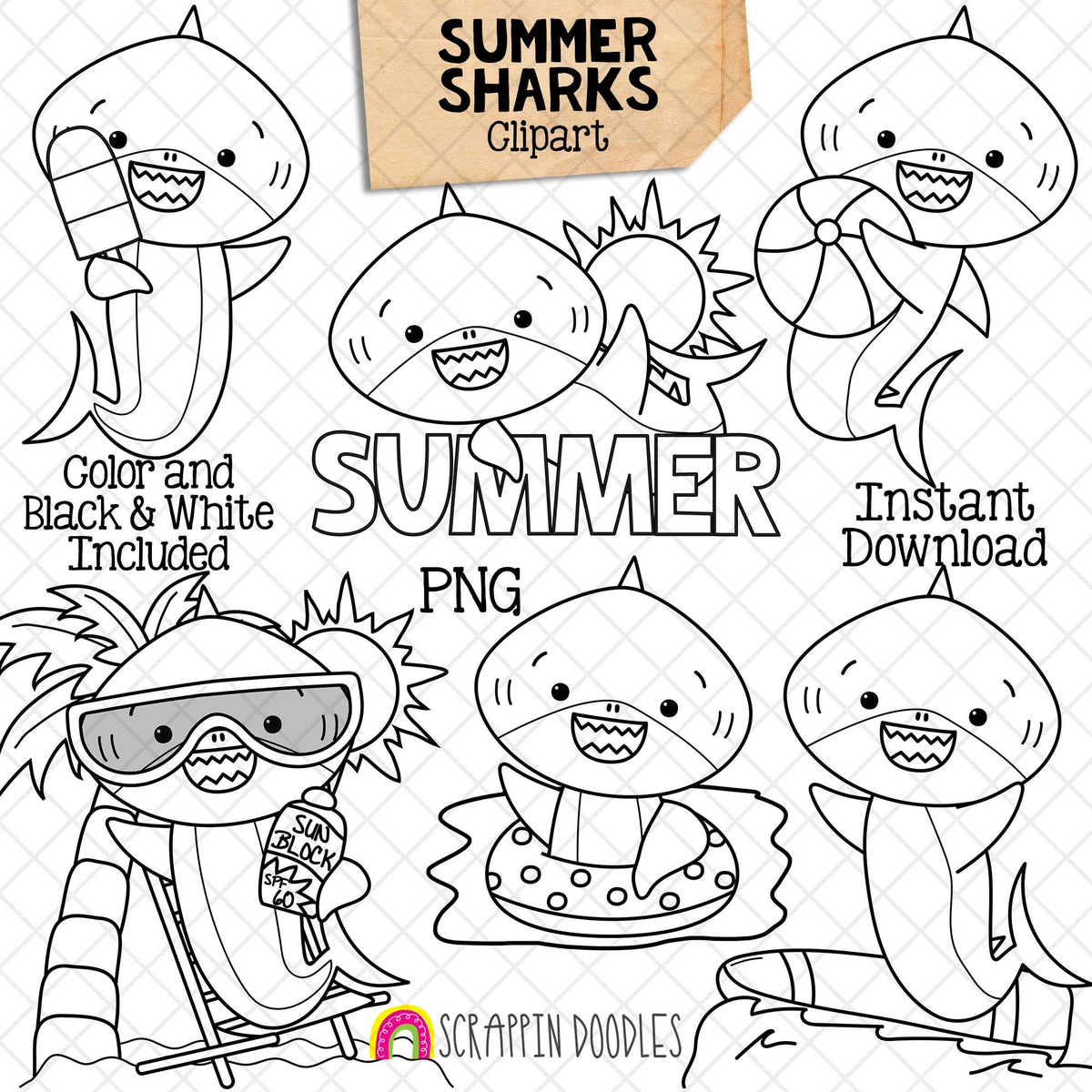 Summer Sharks Clip Art - Grey Shark Beach Clipart - Baby Shark - Commercial Use PNG Sublimation