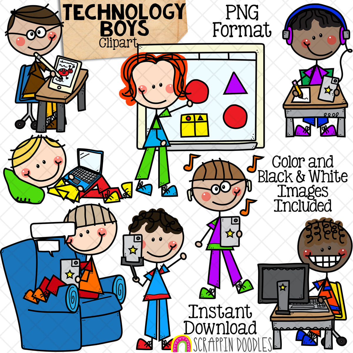 Technology Clip Art - Doodle Boys Clipart - Drawing on iPad - Computer - Taking Selfie - Whiteboard - Texting - Listening to Music - Stick Figure Graphics - Commercial Use PNG - Sublimation