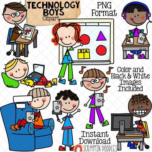 Technology Clip Art - Doodle Boys Clipart - Drawing on iPad - Computer - Taking Selfie - Whiteboard - Texting - Listening to Music - Stick Figure Graphics - Commercial Use PNG - Sublimation