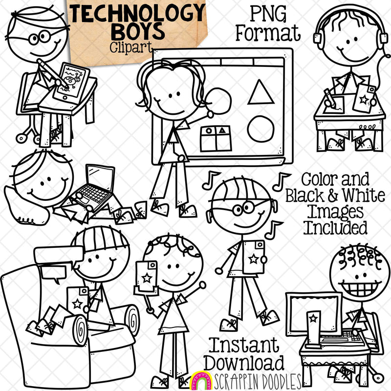 Technology Clip Art - Doodle Boys Clipart - Drawing on iPad - Computer - Taking Selfie - Whiteboard - Texting - Listening to Music - Stick Figure Graphics - Commercial Use PNG - Sublimation