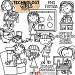 Technology Clip Art - Doodle Girls Clipart - Drawing on iPad - Computer - Taking Selfie - Whiteboard - Texting - Listening to Music - Stick Figure Graphics - Commercial Use PNG - Sublimation