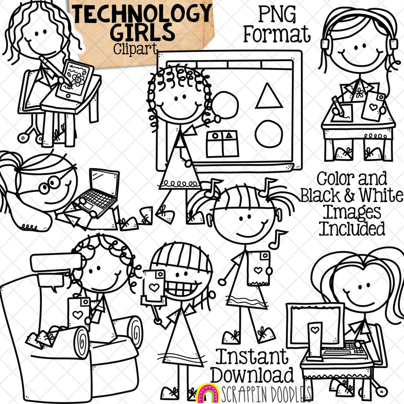 Technology Clip Art - Doodle Girls Clipart - Drawing on iPad - Computer - Taking Selfie - Whiteboard - Texting - Listening to Music - Stick Figure Graphics - Commercial Use PNG - Sublimation