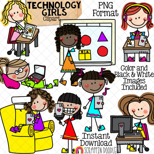 Technology Clip Art - Doodle Girls Clipart - Drawing on iPad - Computer - Taking Selfie - Whiteboard - Texting - Listening to Music - Stick Figure Graphics - Commercial Use PNG - Sublimation