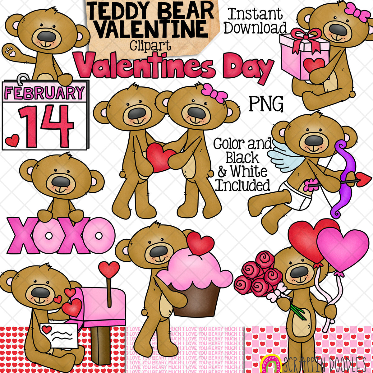 Teddy Bear Valentine ClipArt - Valentines Day Bears - Cute Cupid - Heart Balloons - Love - Valentines Day Card - Commercial Use Sublimation