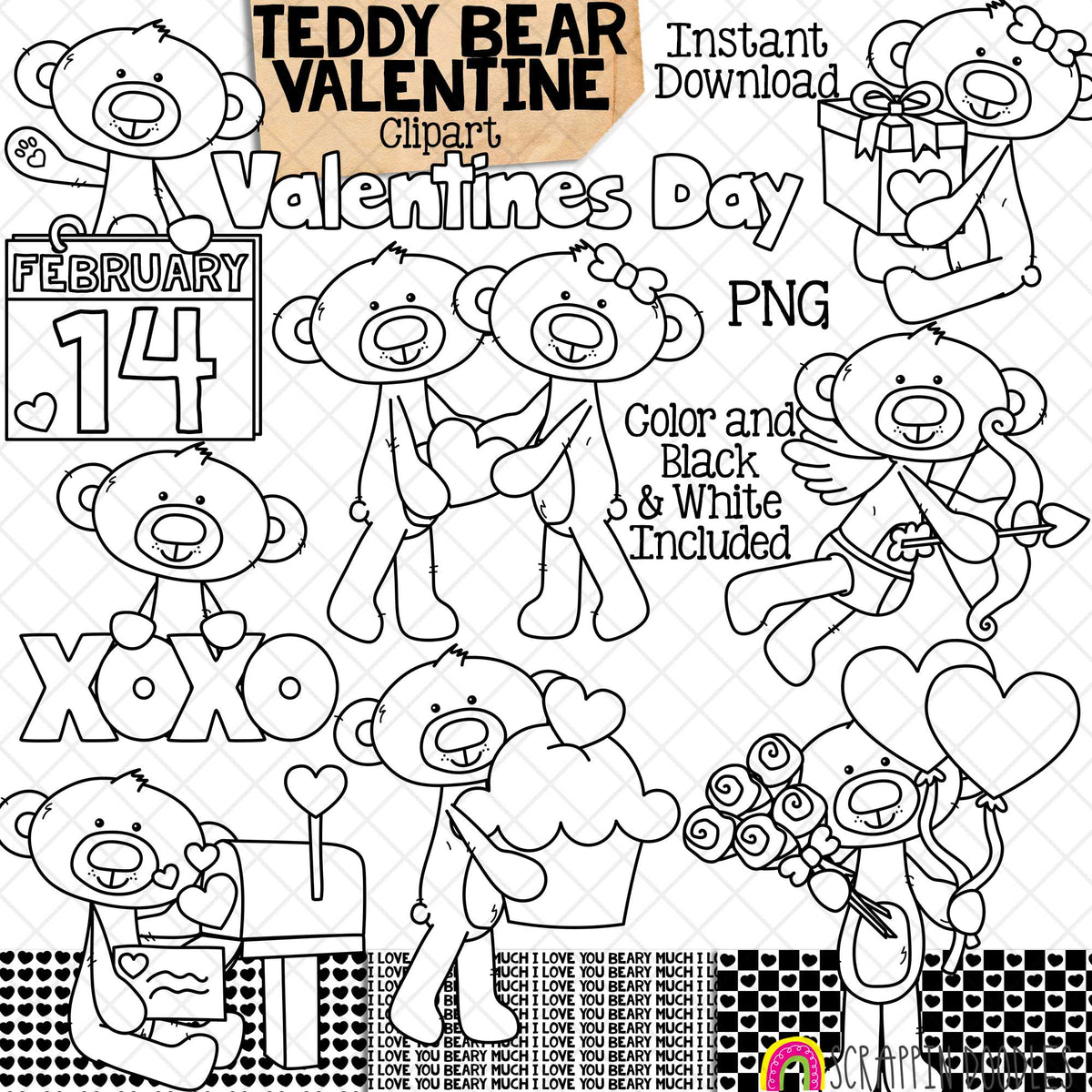 Teddy Bear Valentine ClipArt - Valentines Day Bears - Cute Cupid - Heart Balloons - Love - Valentines Day Card - Commercial Use Sublimation