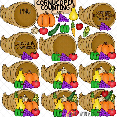 Counting Cornucopia ClipArt - Thanksgiving Vegetables Fruit in Cornucopia Clip Art - Autumn - Seasonal Math Graphics - Commercial Use PNG