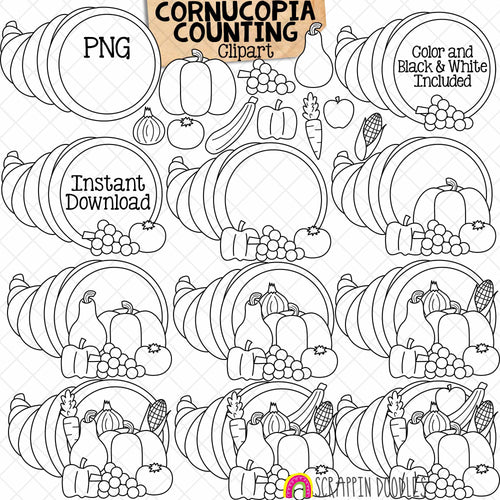 Counting Cornucopia ClipArt - Thanksgiving Vegetables Fruit in Cornucopia Clip Art - Autumn - Seasonal Math Graphics - Commercial Use PNG