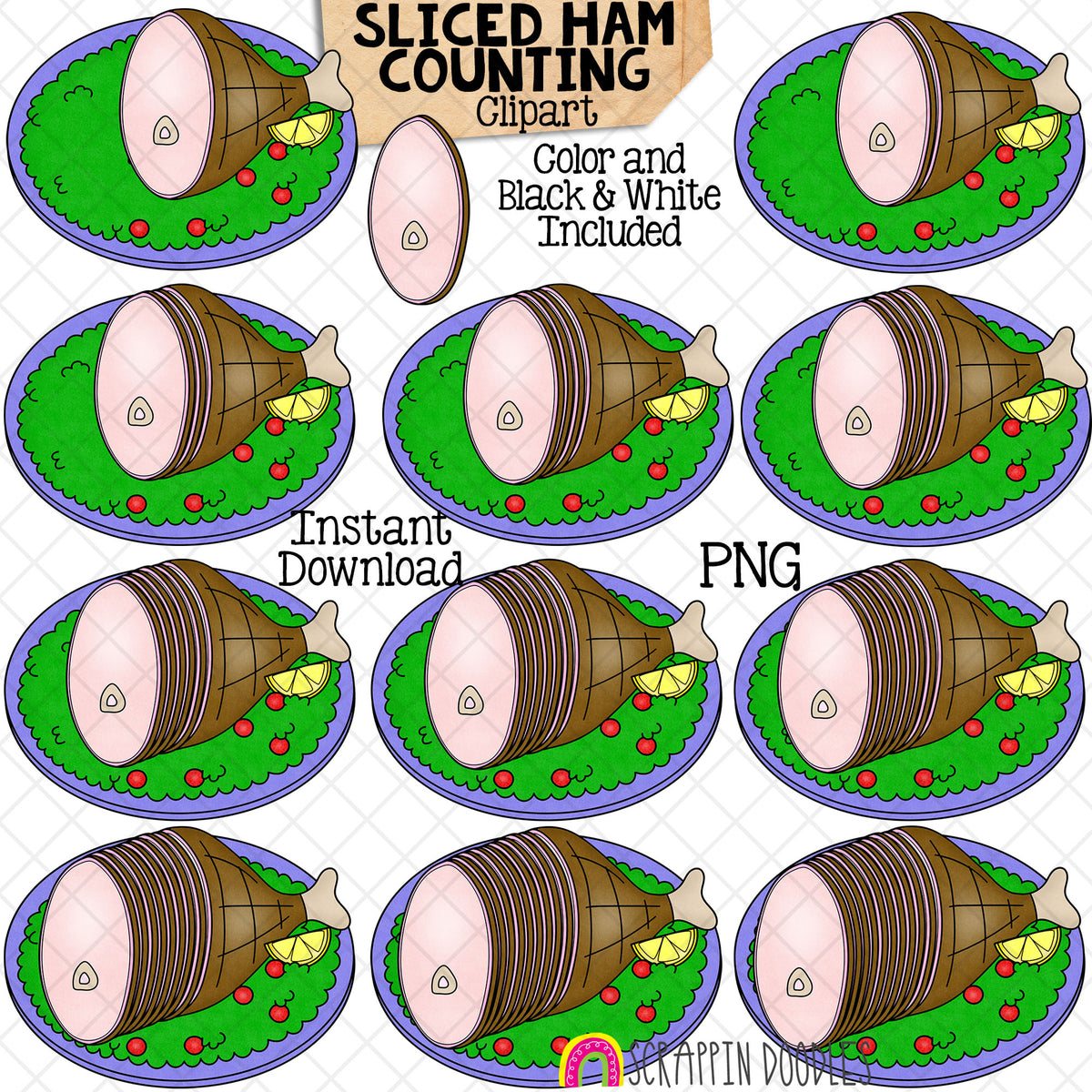 Counting Ham Slices ClipArt - Thanksgiving Sliced Ham on Plate Clip Art - Autumn - Seasonal Math Graphics - Commercial Use PNG