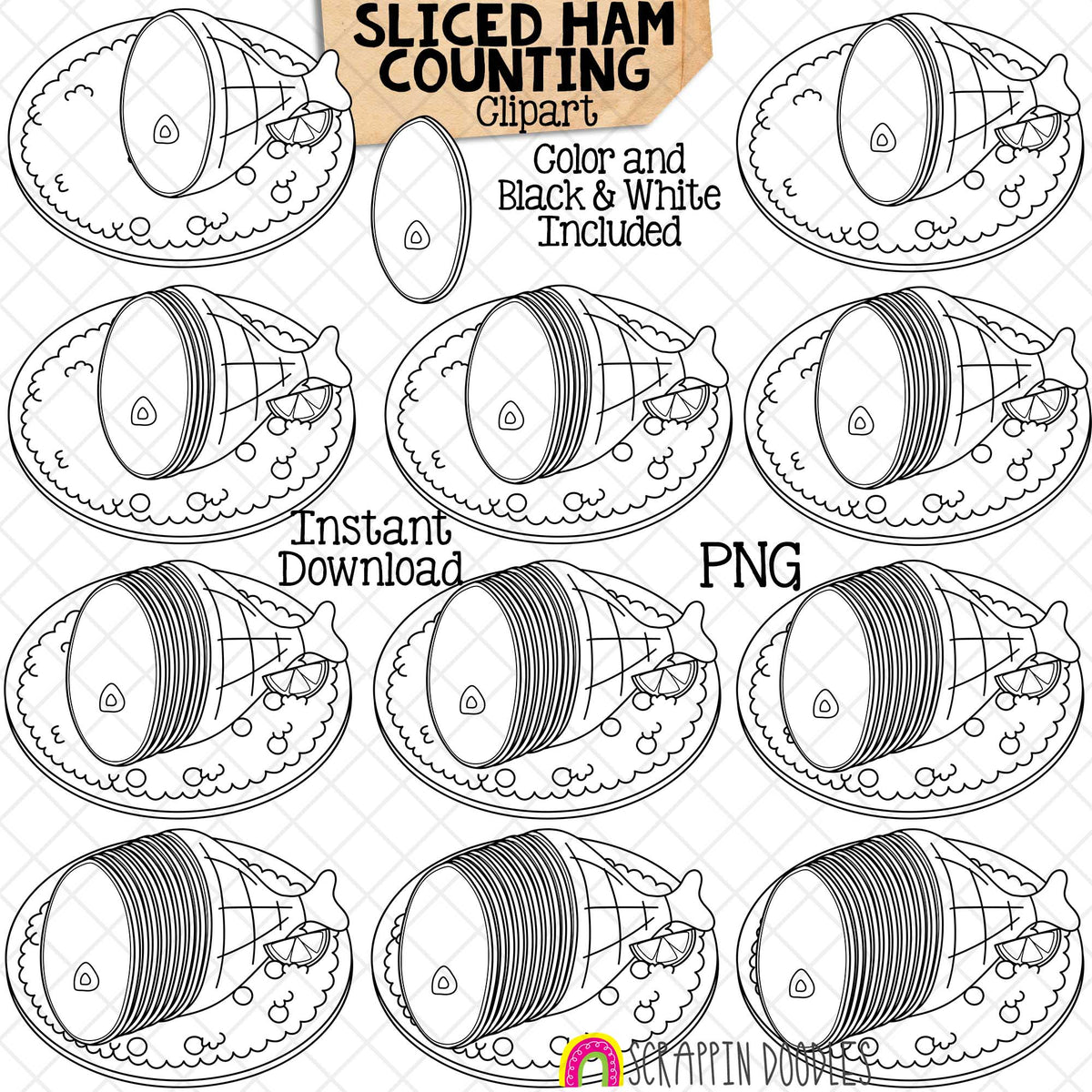 Counting Ham Slices ClipArt - Thanksgiving Sliced Ham on Plate Clip Art - Autumn - Seasonal Math Graphics - Commercial Use PNG