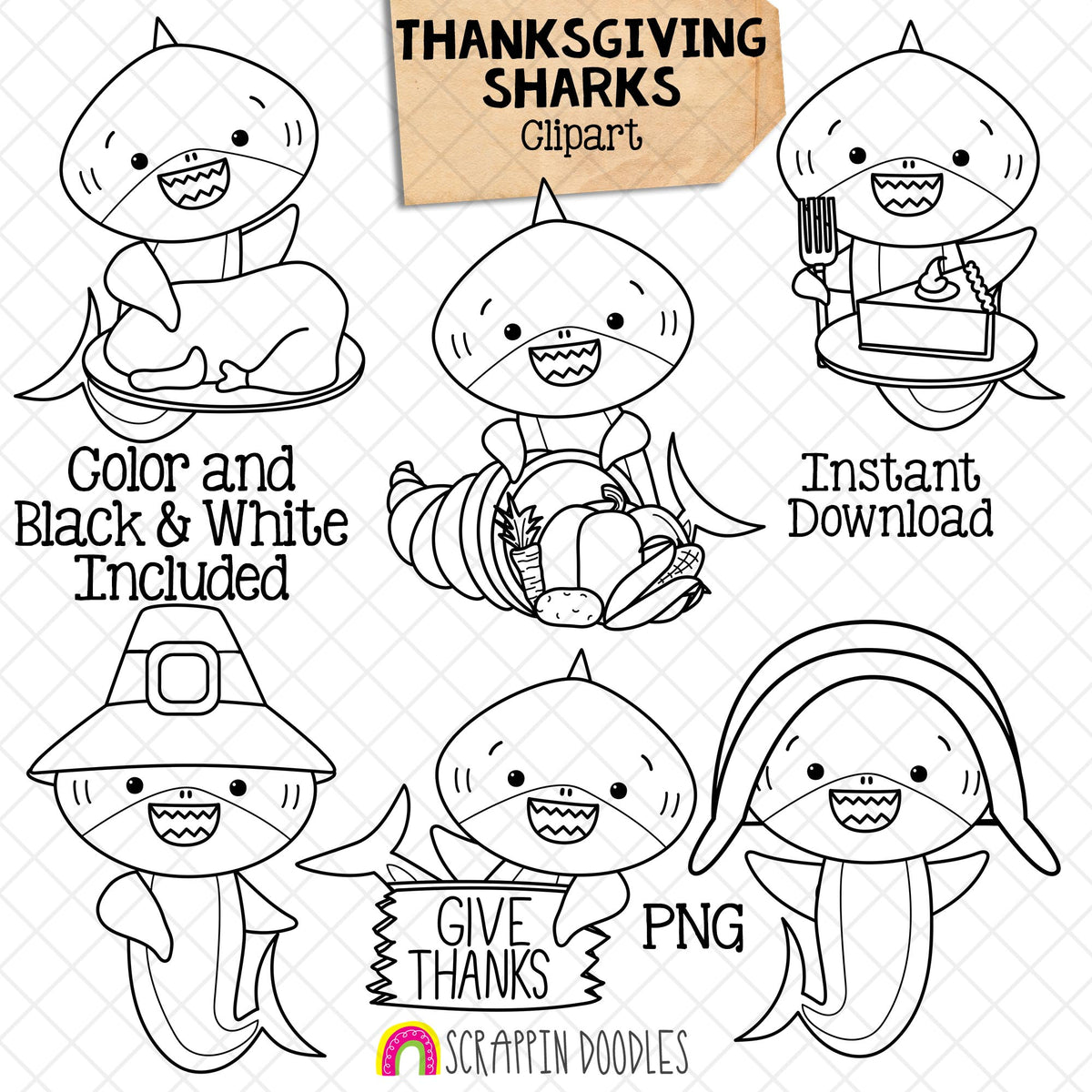 Thanksgiving Sharks Clip Art - Grey Shark Clipart - Baby Shark - Commercial Use PNG Sublimation