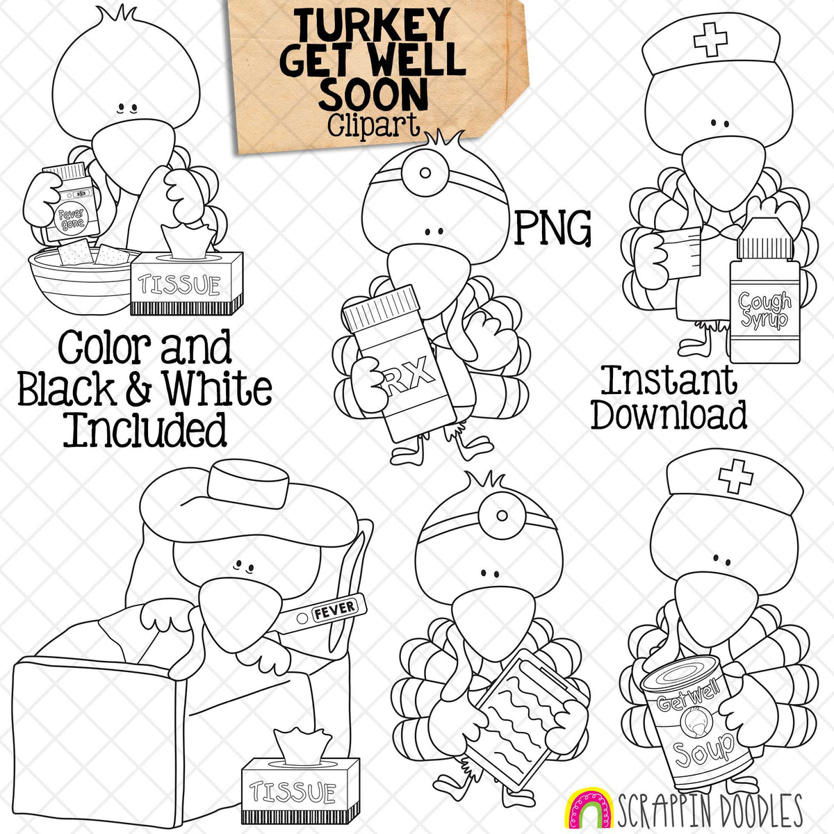 Turkey ClipArt - Get Well Soon Turkeys Clip Art - Cute Nurse and Doctor Turkeys Graphics - Instant Download - Hand Drawn PNG