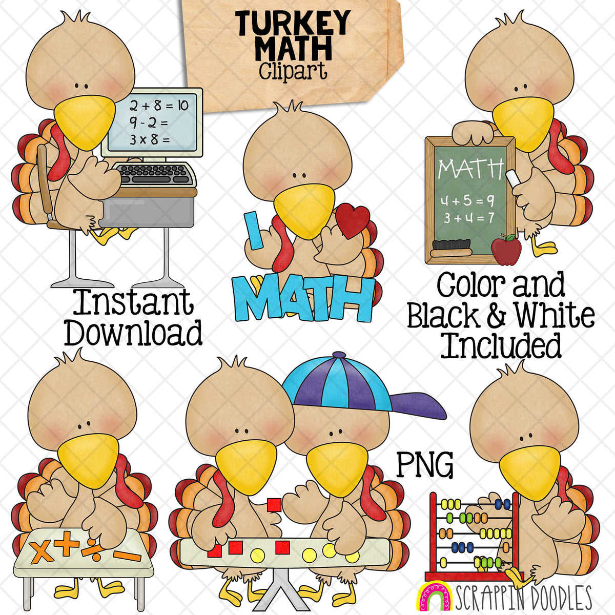 Turkey ClipArt - Math Turkeys Clip Art - Cute School Turkeys Graphics - Instant Download - Hand Drawn PNG