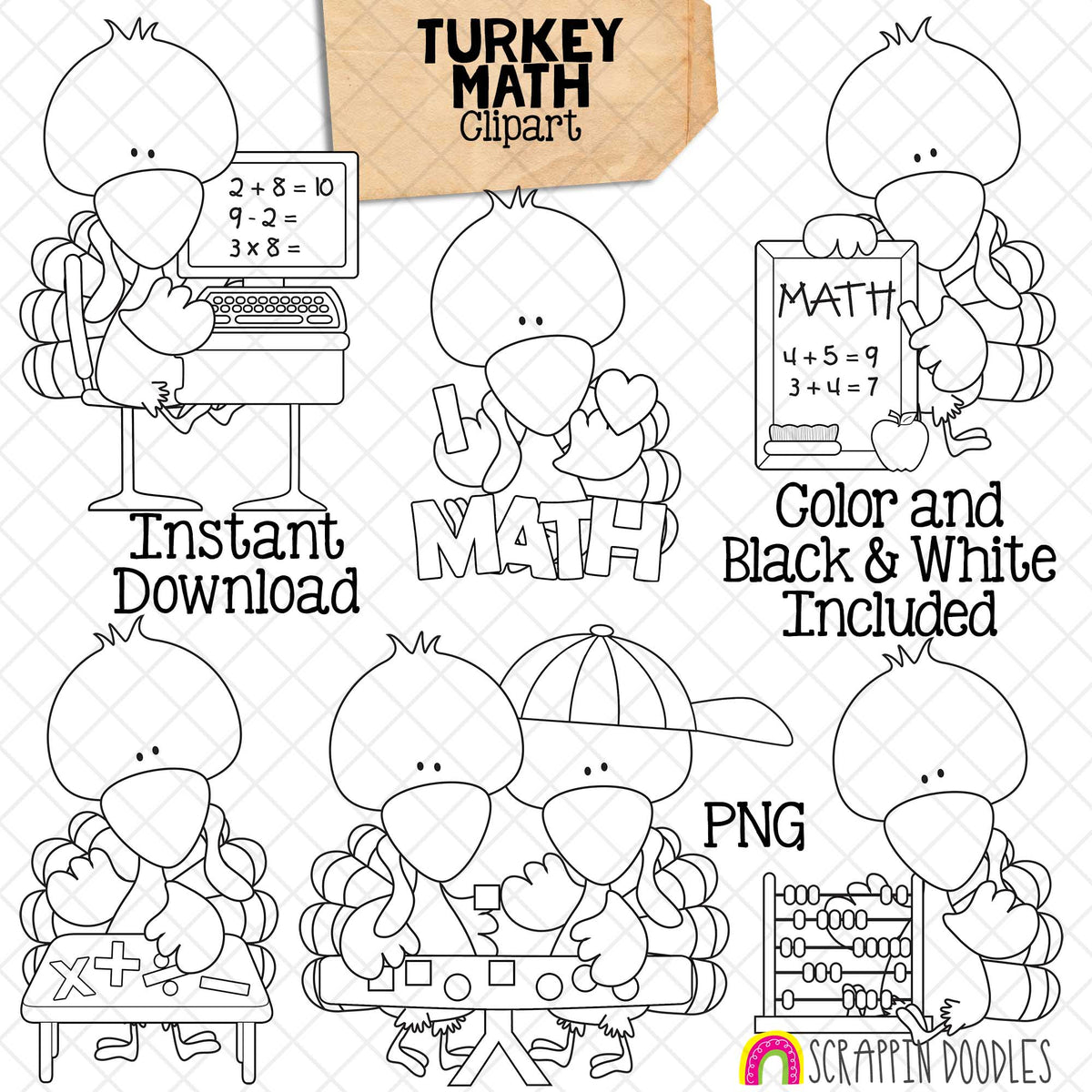 Turkey ClipArt - Math Turkeys Clip Art - Cute School Turkeys Graphics - Instant Download - Hand Drawn PNG