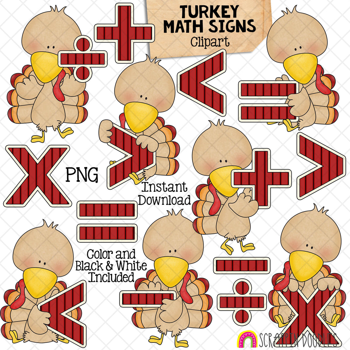 Turkey ClipArt - Math Sign Turkeys Clip Art - Cute School Turkeys Graphics - Instant Download - Hand Drawn PNG