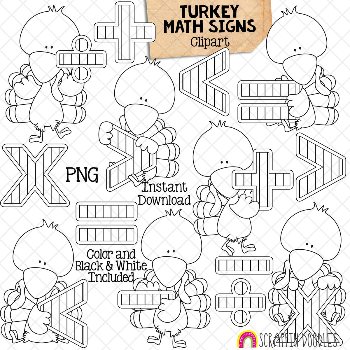 Turkey ClipArt - Math Sign Turkeys Clip Art - Cute School Turkeys Graphics - Instant Download - Hand Drawn PNG