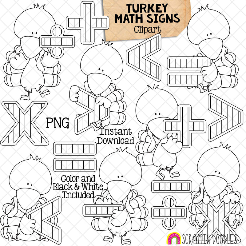 Turkey ClipArt - Math Sign Turkeys Clip Art - Cute School Turkeys Graphics - Instant Download - Hand Drawn PNG