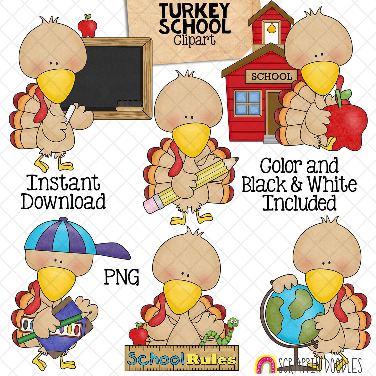 Turkey ClipArt - Classroom Turkeys Clip Art - Cute School Turkeys Graphics - Instant Download - Hand Drawn PNG