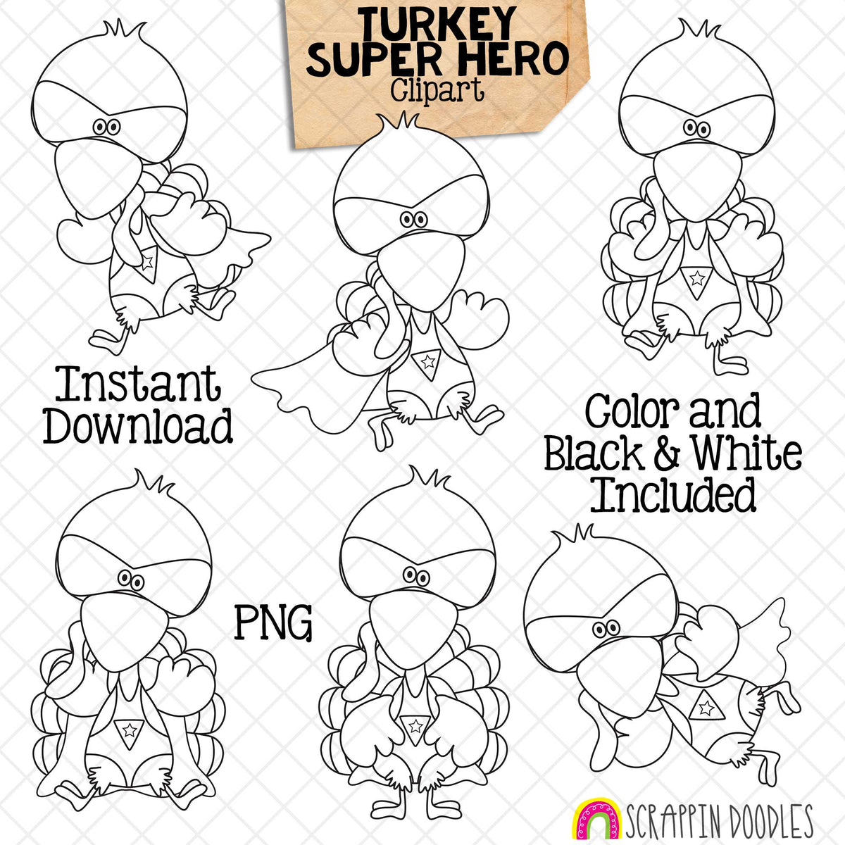 Turkey ClipArt - Super Turkey Clip Art - Cute Superhero Turkeys Graphics - Instant Download - Hand Drawn PNG