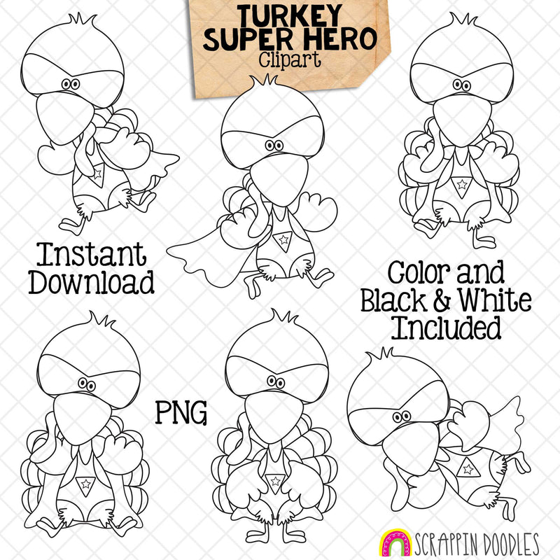 Turkey ClipArt - Super Turkey Clip Art - Cute Superhero Turkeys Graphics - Instant Download - Hand Drawn PNG