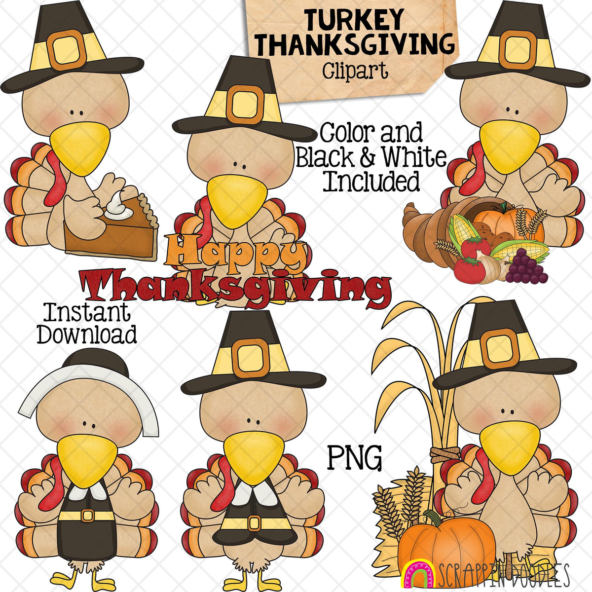 Turkey ClipArt - Thanksgiving Turkeys Clip Art - Cute Pilgrim Turkeys Graphics - Instant Download - Hand Drawn PNG