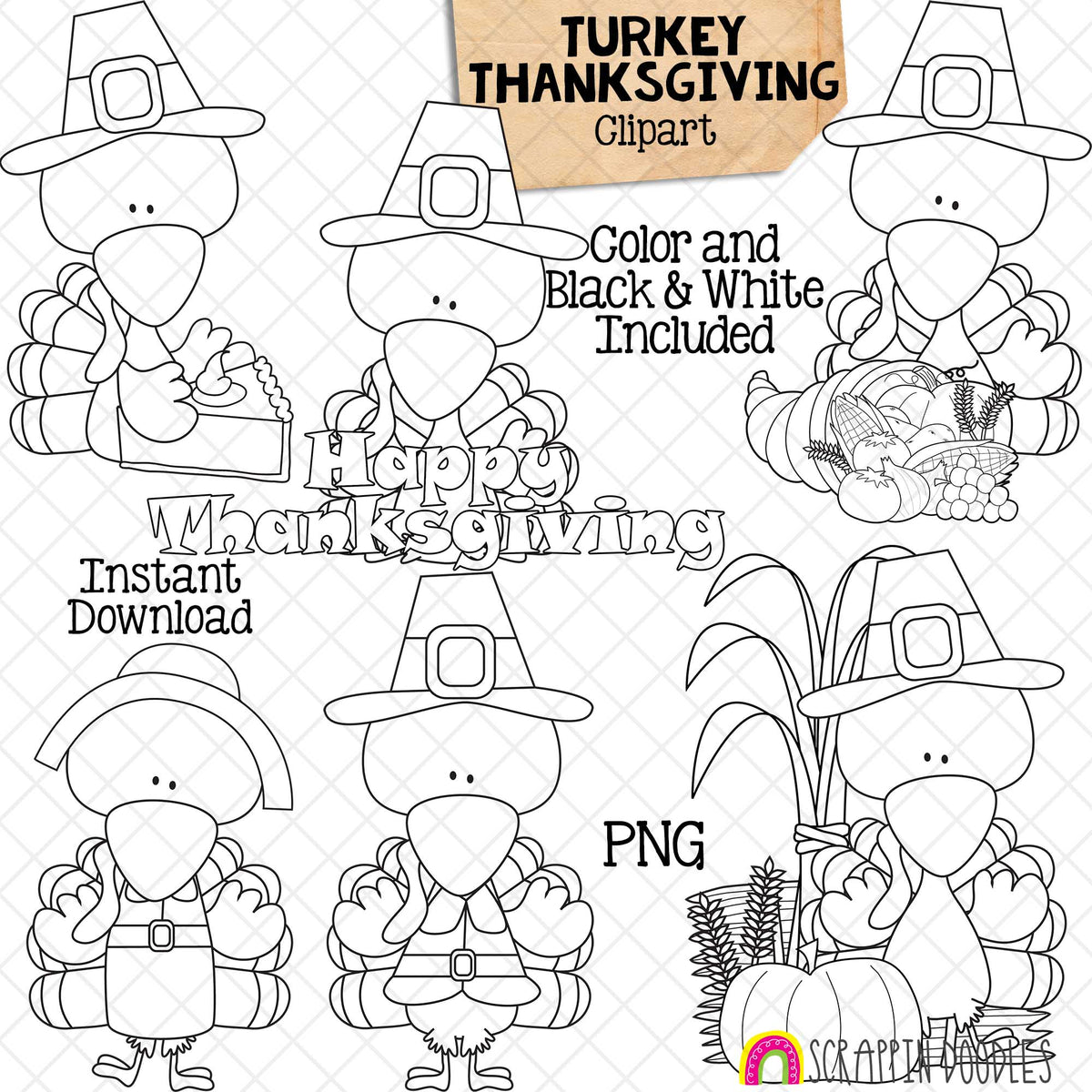 Turkey ClipArt - Thanksgiving Turkeys Clip Art - Cute Pilgrim Turkeys Graphics - Instant Download - Hand Drawn PNG