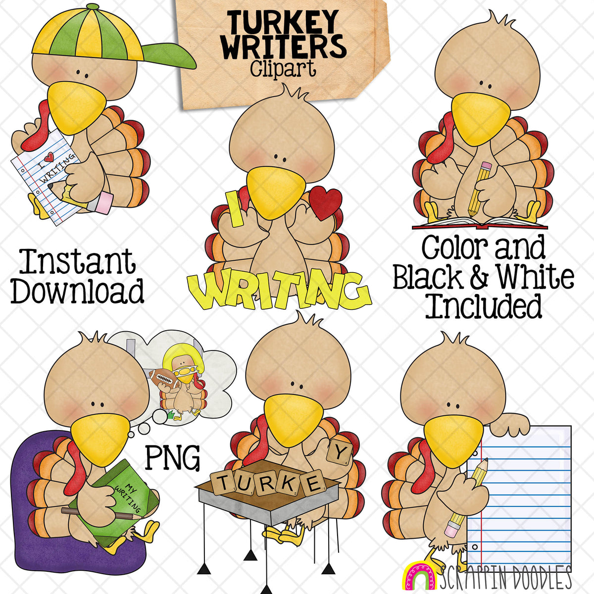 Turkey ClipArt - Writing Turkeys Clip Art - Cute School Turkeys Graphics - Instant Download - Hand Drawn PNG